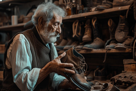 Portrait of a senior shoemaker working in his shoe shop.の素材