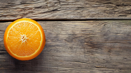 Orange fruit on wooden table. Top view with space for your textの素材