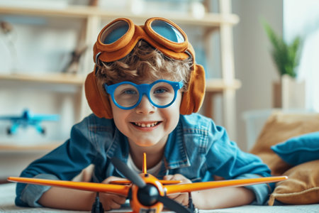 Cute little boy is playing with toy airplane. He is wearing glasses and smilingの素材