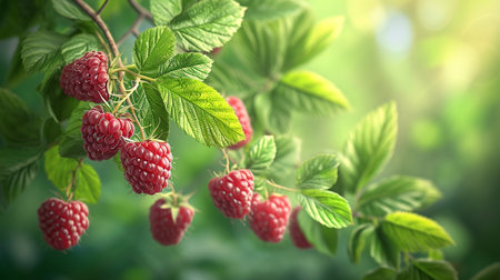 Raspberry bush with ripe berries on blurred background, close-upの素材