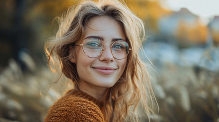 Portrait of a beautiful young woman in glasses on a background of autumn nature.の素材