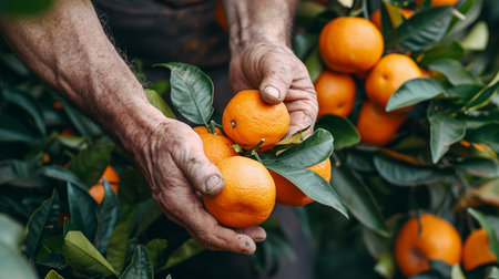 Close-up of hands of senior man picking tangerines in citrus gardenの素材