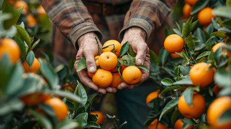Farmer holding tangerines in his hands. Selective focus.の素材