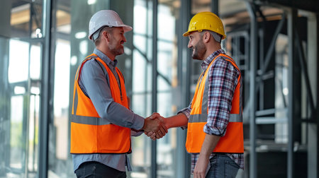 Two engineers shaking hands in a construction site. Two men shaking hands.の素材
