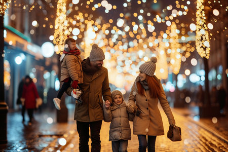 happy family with kids walking on christmas street at snowfall in winterの素材