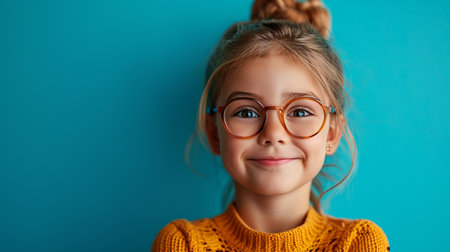 Portrait of a cute little girl in glasses on a blue background.の素材