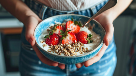 Woman with bowl of tasty oatmeal and fresh strawberries, closeupの素材