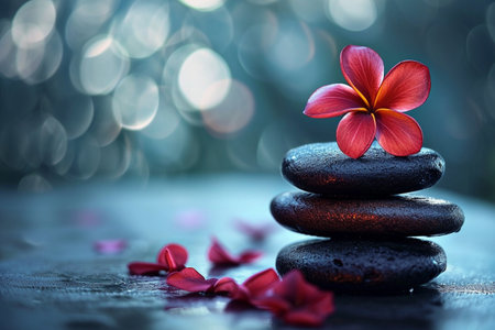 Spa stones with frangipani flower and bokeh backgroundの素材