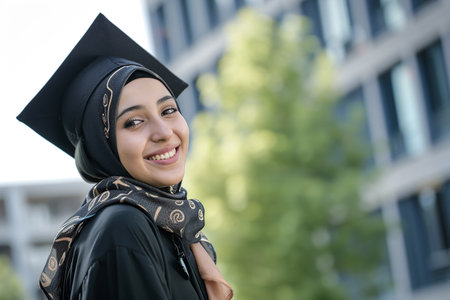 Portrait of happy young muslim woman wearing graduation cap and gownの素材