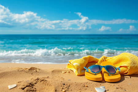 Sun glasses, towel and flip flops on sandy beach near seaの素材