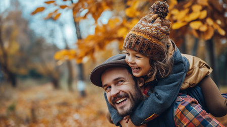 Cheerful father and daughter in the autumn park. Happy family.の素材
