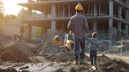 Father and son on construction site. Little boy learning to walk with his father.の素材