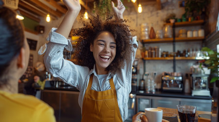 Cheerful young female barista raising hands while standing in cafeの素材