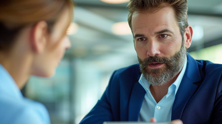Serious businessman looking at his colleague during a coffee break in officeの素材