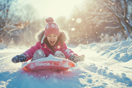 Little girl sliding on snow tube in winter forest. Happy child having fun on snow tube.の素材