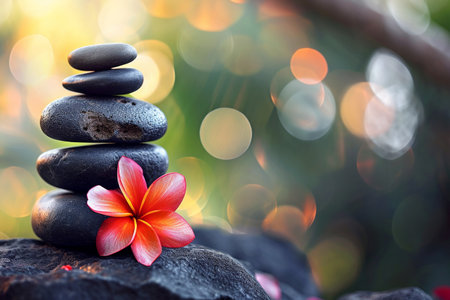 zen stones and frangipani flower on bokeh backgroundの素材