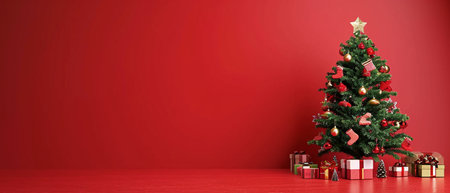 Christmas tree with presents in front of red wall - 3D renderingの素材