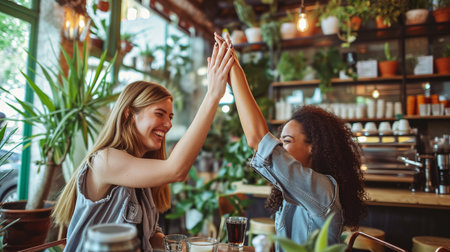 Two young women giving high five in a coffee shop. Female friends celebrating success.の素材