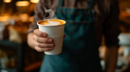 Barista holding a cup of coffee in a cafe, close-upの素材