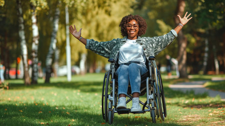 Cheerful african american woman in wheelchair showing ok sign in parkの素材
