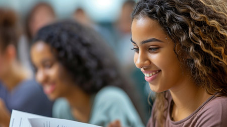 Portrait of smiling afro american female student sitting at lecture hallの素材