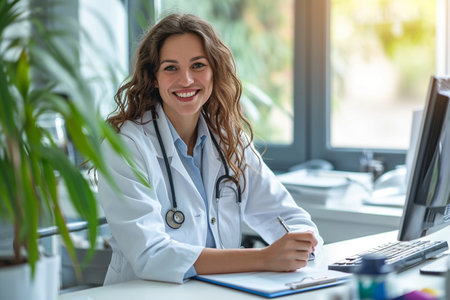 Portrait of smiling female doctor sitting at desk in office and looking at cameraの素材