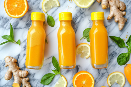 Freshly squeezed orange juice in bottles with ingredients background, top viewの素材
