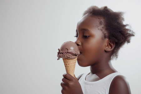 Beautiful african american girl eating ice cream on gray backgroundの素材