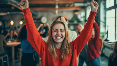 Beautiful young girl in a red sweater is dancing and smiling in a cafe.の素材