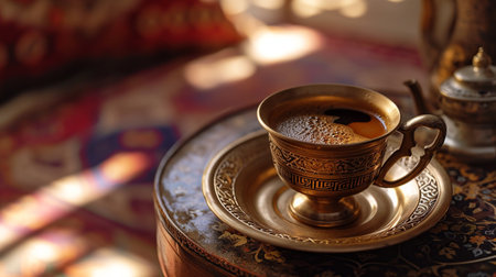 Cup of coffee on the table in oriental style. Selective focus.の素材