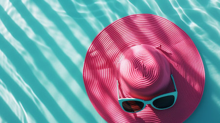 Pink hat and sunglasses on the swimming pool background. top viewの素材