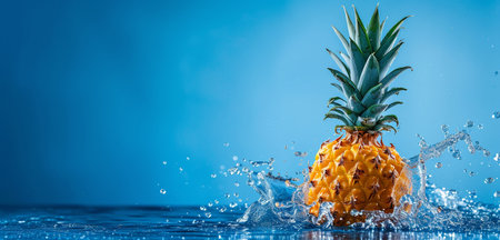 Pineapple with water splash on blue background. Fresh tropical fruit.の素材