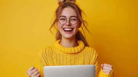 Excited young woman in eyeglasses holding laptop and looking at camera over yellow backgroundの素材