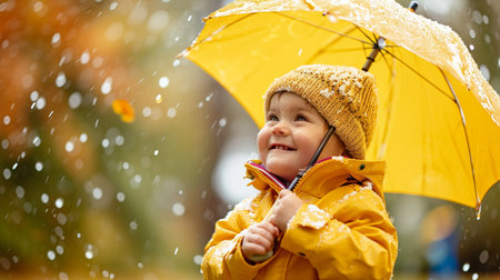 Adorable little girl playing in the rain on a beautiful autumn dayの素材