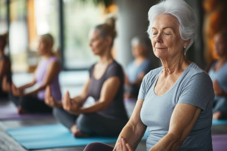 Portrait of senior woman meditating with her friends in fitness studioの素材