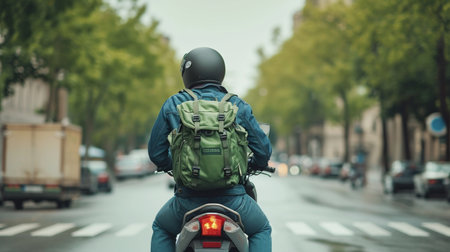 Rear view of a man riding a scooter in the cityの素材