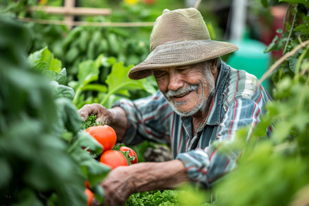 Portrait of senior farmer working in his organic vegetable garden. Selective focus.の素材