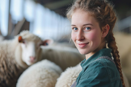 Portrait of a beautiful young woman with sheeps in the farmの素材