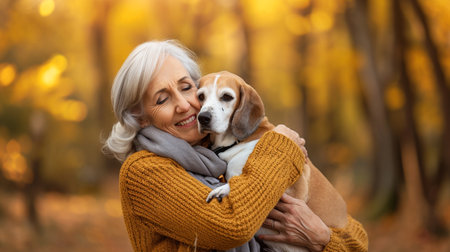 Beautiful senior woman with her dog in the autumn park. Selective focus.の素材