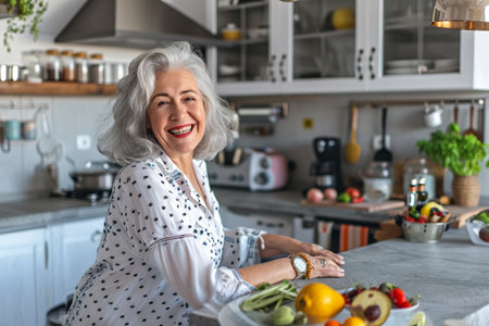 smiling senior woman looking at camera while sitting at table in kitchenの素材