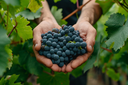 Hands of man holding bunch of grapes in vineyard. selective focusの素材