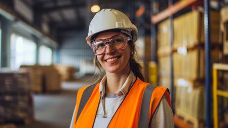 Portrait of female warehouse worker wearing safety helmet and glasses in warehouseの素材