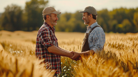 Mature farmer shaking hands with his adult son in a wheat fieldの素材