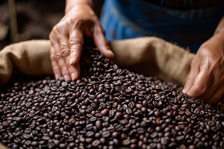 Coffee beans on the background of a woman's hands.の素材
