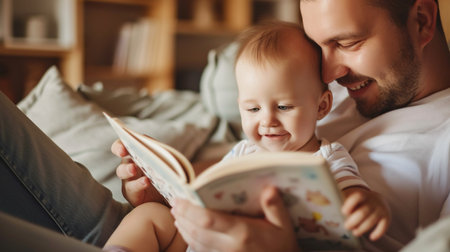 Young father and his little son are reading a book together at home.の素材