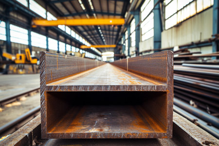 Metal profile beam in packs at the warehouse of metal products, Russiaの素材
