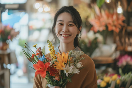 Portrait of young asian woman florist holding bouquet in flower shop.の素材