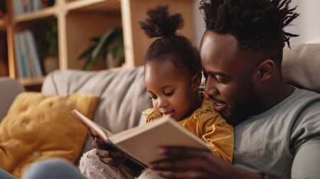 african american father and daughter reading book together on sofa at homeの素材