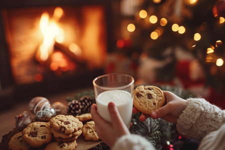 Woman holding glass of milk and cookies near fireplace on Christmas eve, closeupの素材