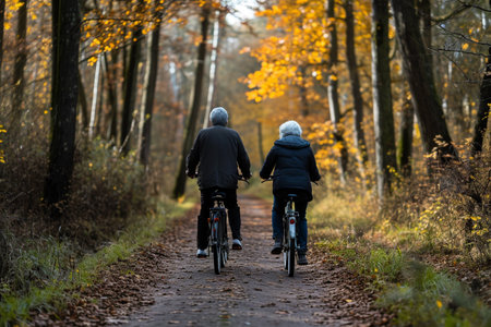 Senior couple riding bikes in autumn forest. Rear view of senior man and woman cycling outdoors.の素材
